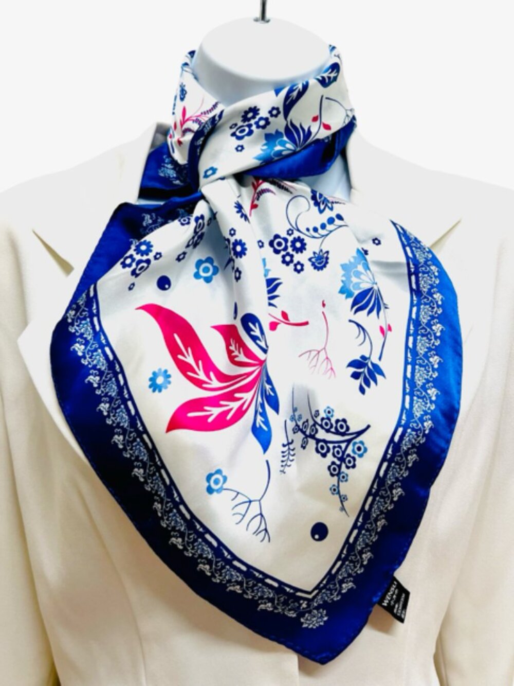 2 Neck-Kerchief Silk Trussardi &Wensli 19" - 20.5" White pink blue floral (30) - Picture 13 of 15